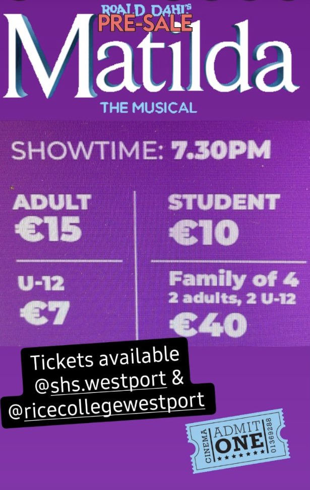 Rice College, Westport ...an Edmund Rice School (@ricecollege) on Twitter photo Happy Monday 👋
🎶 The Sacred Heart and Rice College present Matilda the Musicial🎶
When: This Tues 17th, Weds 18th and Thurs 19th January 2023.
Time: Doors open 6.45pm,Curtains up at 7.30pm.
Location: The Sacred Heart School Gym 🙌
<a href="/ricecollege/">Rice College, Westport ...an Edmund Rice School</a>
<a href="/SHS_westport/">Sacred Heart School Westport</a> Happy Monday 👋
🎶 The Sacred Heart and Rice College present Matilda the Musicial🎶
When: This Tues 17th, Weds 18th and Thurs 19th January 2023.
Time: Doors open 6.45pm,Curtains up at 7.30pm.
Location: The Sacred Heart School Gym 🙌
<a href="/ricecollege/">Rice College, Westport ...an Edmund Rice School</a>
<a href="/SHS_westport/">Sacred Heart School Westport</a>