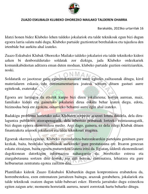 🚨📢 Comunicado de la plantilla y cuerpo técnico del <a href="/CbmZuazo/">Club Balonmano Zuazo</a>