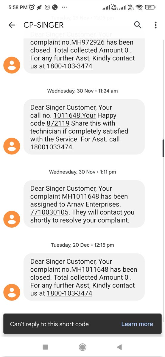 JPKADIAN's tweet photo. @SingerIndialtd My complaint is pending of newly purchased fan from CSD Canteen since Oct 2022,closed 2 times without doing anything, still waiting for replacement / Repairing https://t.co/TrlEiQsf6t