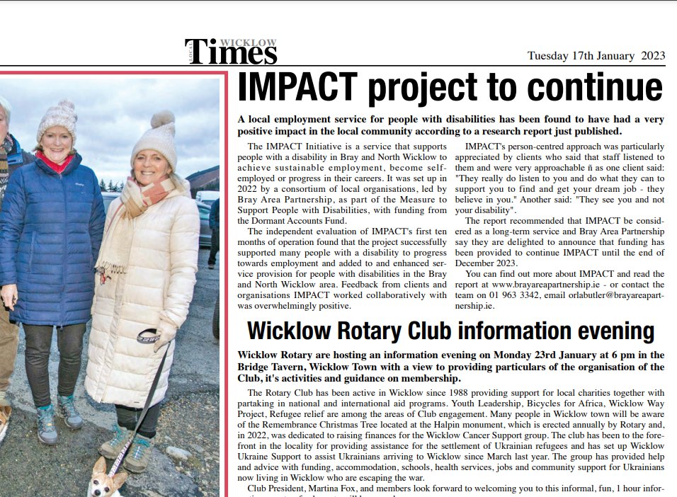 Thanks #WicklowTimes for the article on the glowing evaluation of our #IMPACTInitiative & great news that further funding has been given for IMPACT to continue! Read the evaluation here: bit.ly/3QKFN05 #DormantAccounts @pobal @RehabcareBray @NLNWicklow @theILDN