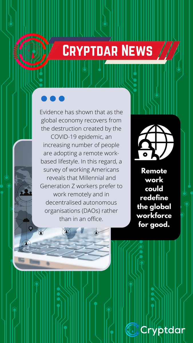 CryptdarConsult's tweet photo. #remotework has grown significantly since the #COVID 19 plandemic.

It has caused an increase demand for remote workers, but has productivity been increased?

Let us know below, what would you rather remote or office based work? https://t.co/FtqYvcsEpf