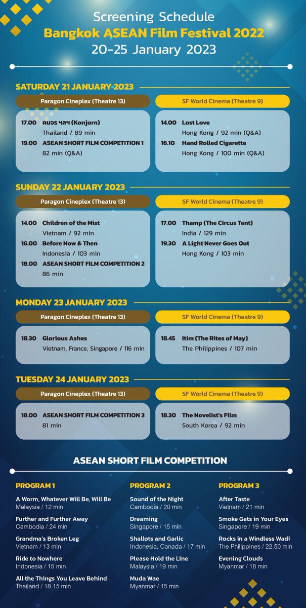 AseanFilm's tweet photo. BAFF2022 schedule is now available! 
.
The festival will be held during 20-25 January 2023, at SF World Cinema, Central World and Paragon Cineplex, Siam Paragon.
.
*All screenings are free of charge.
.
Online reservation will be open
on  17 Jan 2023 at 6.00 pm.
.
#BAFF2022 https://t.co/g7FAWCr5zP