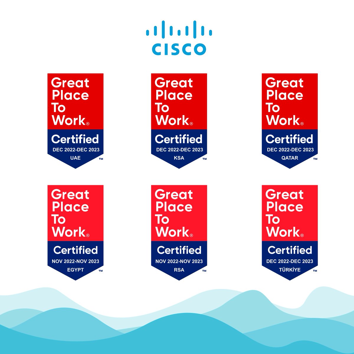 A wonderful start to the year, as <a href="/Cisco/">Cisco</a> is #GreatPlaceToWorkCertified across 6 countries in #MEA 🎉

Congratulations to our teams in the UAE, Saudi Arabia, Qatar, Egypt, South Africa and Türkiye! 

<a href="/gptw_me/">Great Place To Work Middle East</a> <a href="/GPTW_TR/">Great Place To Work® Turkey</a>

#WeAreCisco #GreatPlaceToWork #GPTWCertified