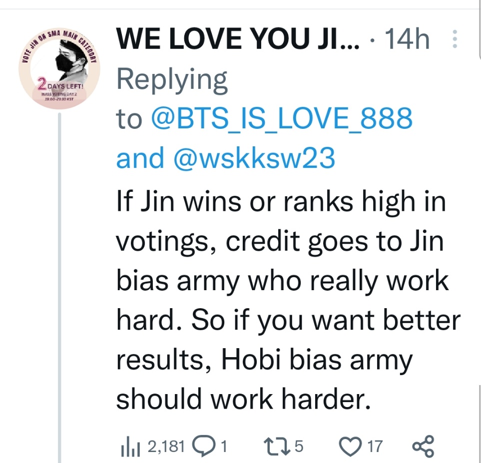 wskksw23's tweet photo. Hiya  @yoonglesmarryme, please meet @BTS_IS_LOVE_888. They have a very different idea of how true army vote. Can you lot maybe, I don't know, have a meeting or something and decide once and for all what constitutes an army and how they vote? Thanks.
#WhatIsAnArmy
#TrueArmy https://t.co/O4wCEtyBX2