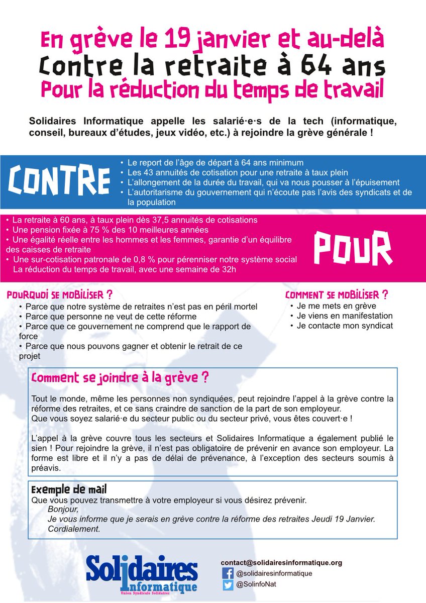 SolInfoNat's tweet photo. 🗣️En lutte, en grève, en manif
Dès le 19 Janvier, et jusqu'au retrait de la réforme des retraites !

Solidaires Informatique appelle les salarié-es de la tech (informatique, conseils, bureaux d'études, jeux vidéo, etc.) à rejoindre la grève générale. https://t.co/gsHiXSc2C1