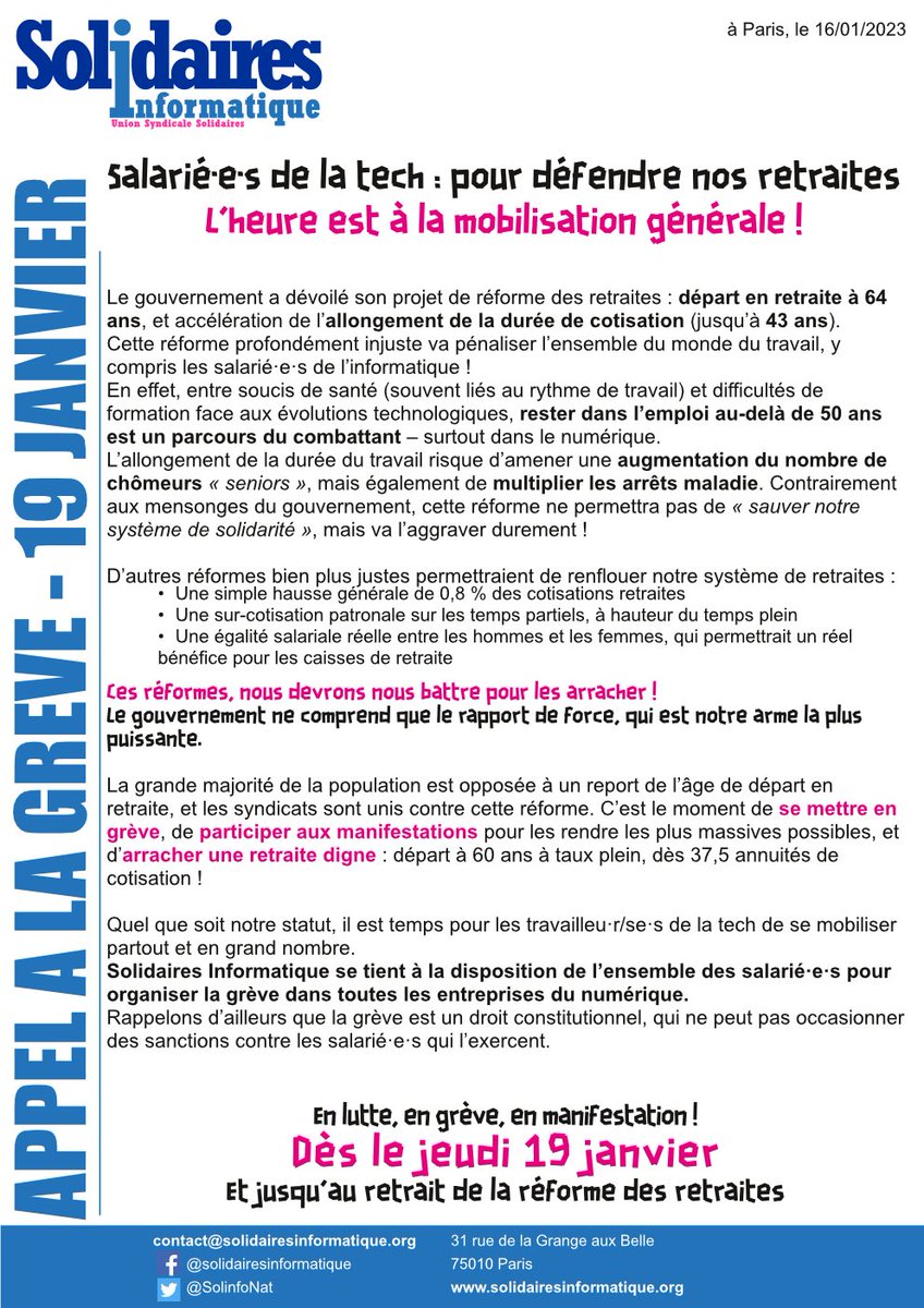 SolInfoNat's tweet photo. 🗣️En lutte, en grève, en manif
Dès le 19 Janvier, et jusqu'au retrait de la réforme des retraites !

Solidaires Informatique appelle les salarié-es de la tech (informatique, conseils, bureaux d'études, jeux vidéo, etc.) à rejoindre la grève générale. https://t.co/gsHiXSc2C1