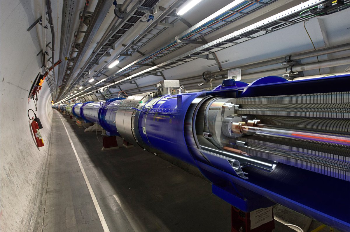 CERN's tweet photo. In today’s #PhotoOfTheWeek, we see a 3D cut of one dipole magnet of the Large Hadron Collider (#LHC), containing two ultrahigh vacuum pipes in which the protons circulate in opposite directions. 
 
Find out more: https://t.co/LvETsqkgdj https://t.co/R2UA2El9GN