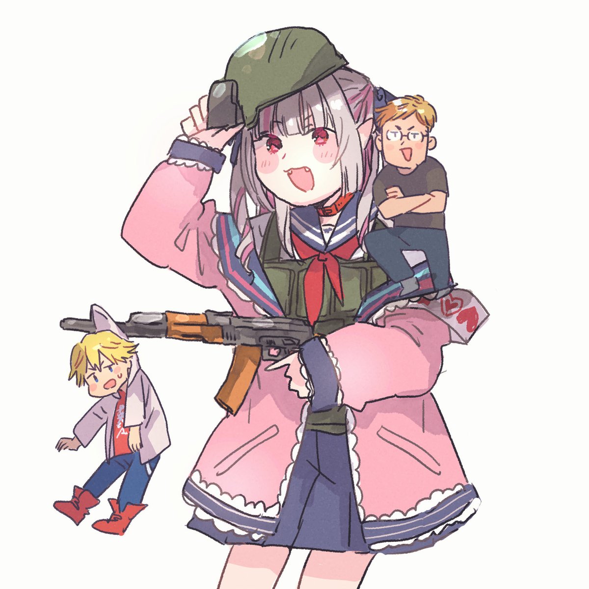 makaino ririmu 1girl 2boys multiple boys gun weapon jacket assault rifle  illustration images