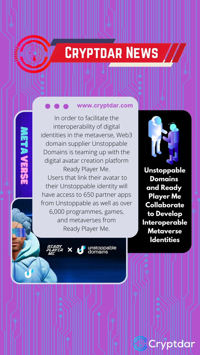 CryptdarConsult's tweet photo. The #Metaverse  has caused alot of controversial opinions since it was publicly released.

But this strategic partnership with Unstoppable domains could be the right approach to attract young #Innovators to the platform.

What is your opinion on the metaverse? https://t.co/wY6J5dOJOm