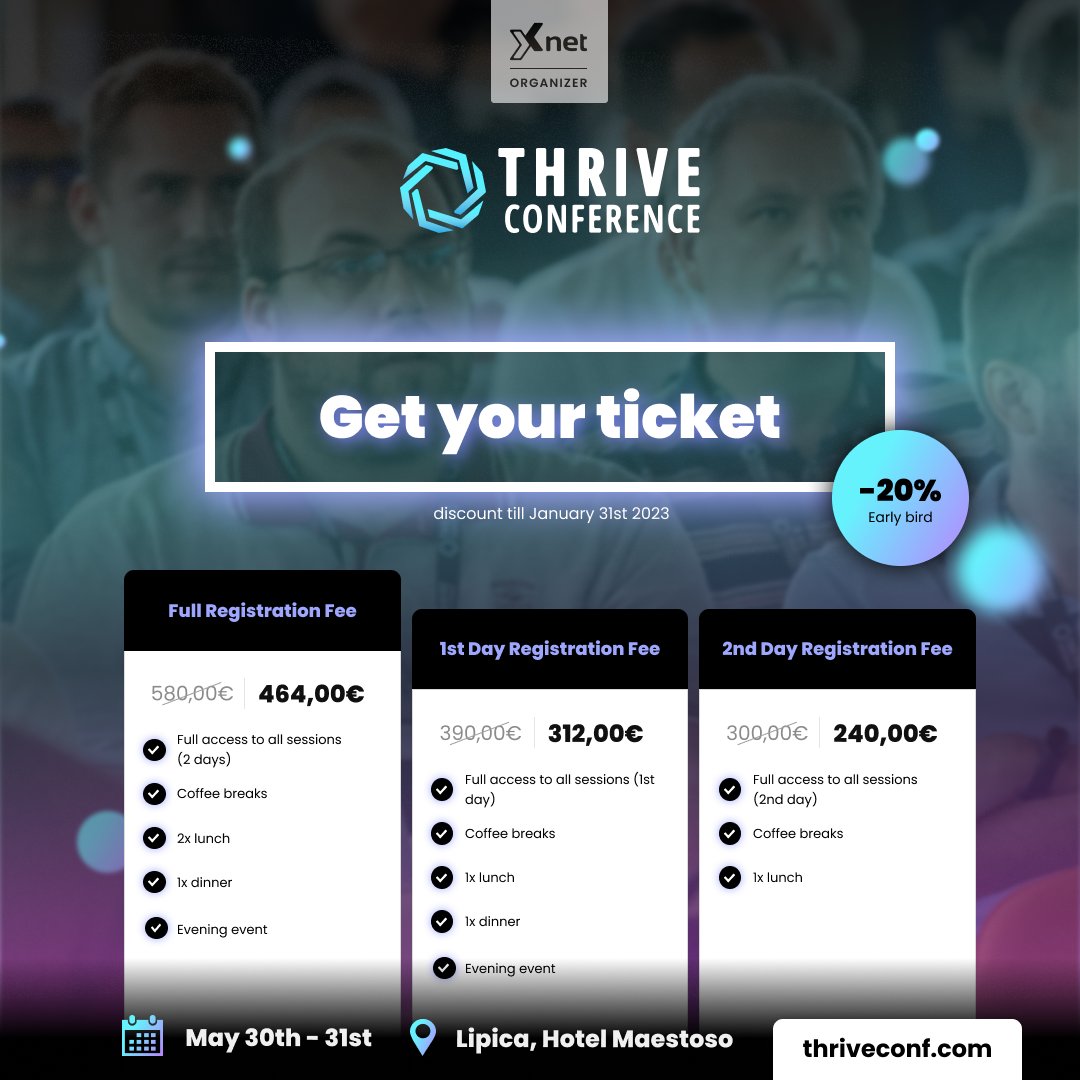 Thrive Conference (@thriveitconf) on Twitter photo Join us from May 30 - 31, 2023 in Slovenia for the Thrive conference. We have an inspiring program for IT professionals, decision-makers and end users! 
Do not miss our earlybird registration deadline: Januar 31, 2023. 👉bit.ly/2SLKond Join us from May 30 - 31, 2023 in Slovenia for the Thrive conference. We have an inspiring program for IT professionals, decision-makers and end users! 
Do not miss our earlybird registration deadline: Januar 31, 2023. 👉bit.ly/2SLKond