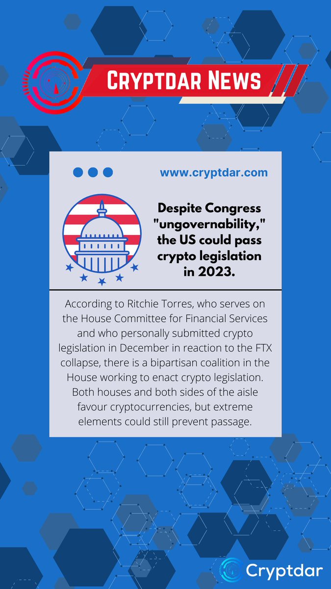 CryptdarConsult's tweet photo. #USA congress to pass #Crypto legislation in 2023.

Despite heavy scrutiny from #SEC chairman @GaryGensler, and his underhand involvement in the #FTXscandal

They are still taking a proactive approach due to some members of Congress still advocating for future of money. https://t.co/fr9buGSGXr