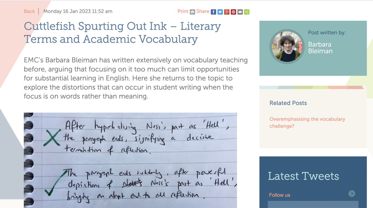 A new blog on academic vocabulary &amp; literary terms – a continuing concern for me. I hope this one both explains the problem and offers some helpful suggestions about ways of developing writing where the words used are well-judged &amp; appropriate! englishandmedia.co.uk/blog/cuttlefis…
