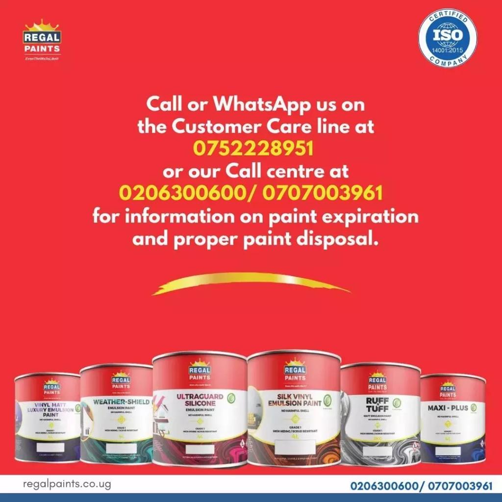 For more information on paint expiration and proper disposal, call or WhatsApp our customer care at 0752228951or our call center at 0206300600 / 0707003961

#RegalPaints 
#ExpirationMatters 
#HealthySpaces 
#EvenTheWallsLikeIt
