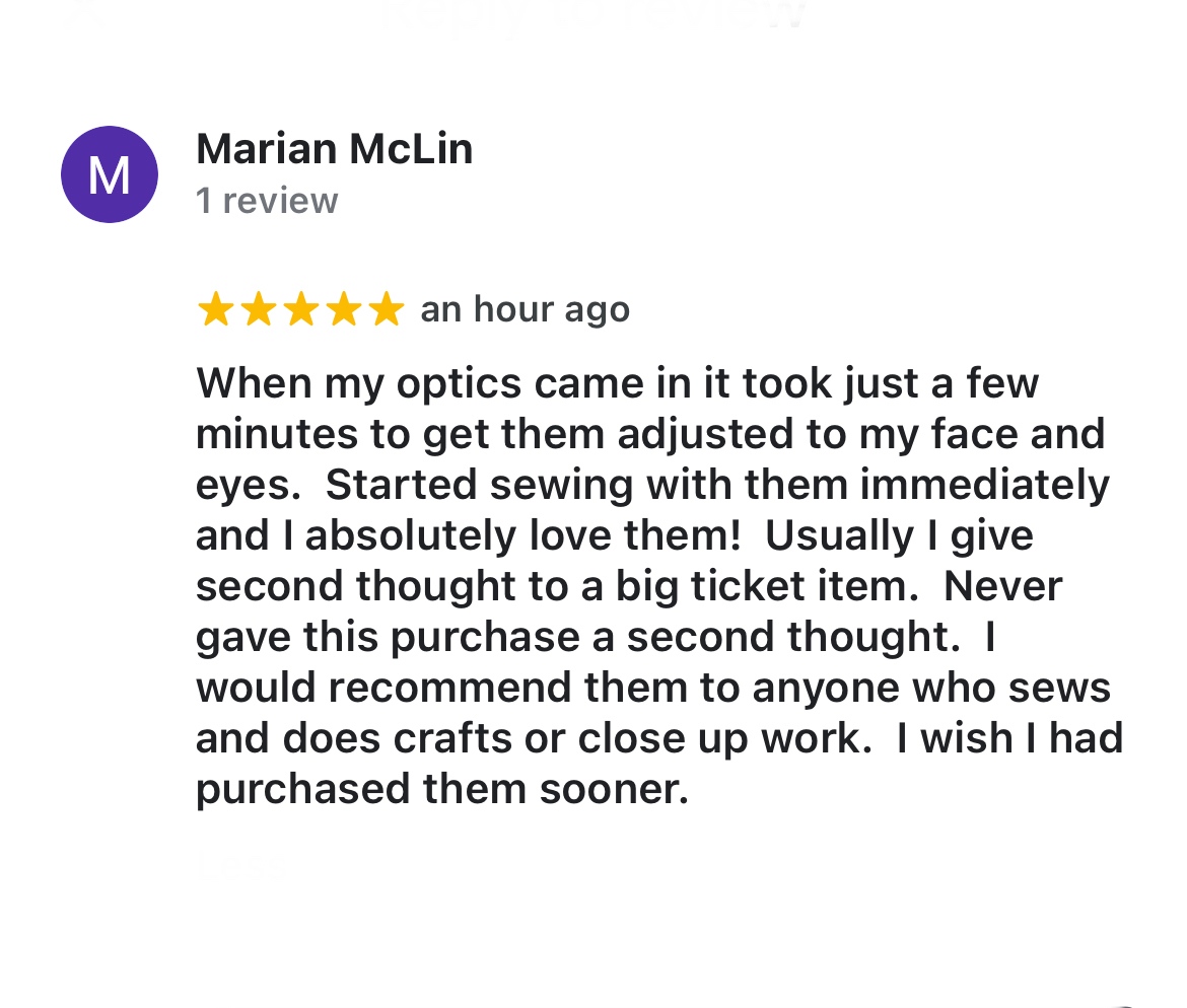 A new review. Thank you, Marian!

#CraftOptics #sewing #crossstitch #embroidery #handembroidery #jewelrymaking #lapidary #lashextensions #longarmquilting #machinequilting  #metalsmith #needlepoint #needlework #quilting #stitching #needlepainting #woodcarving #handquilting