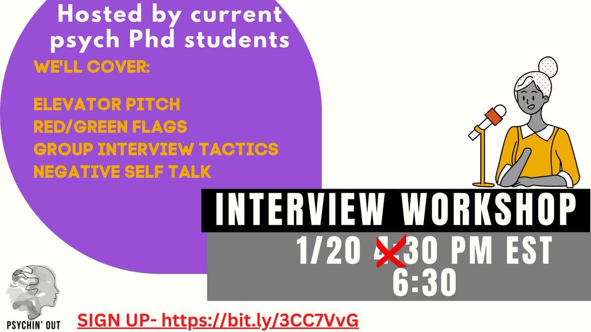 Friday at 6:30p EST

Live Workshop on strategies to rock admissions & postbacc interviews❤️‍🔥
✍️bit.ly/3jAMJR2 for ZOOM link

#AcademicTwitter #phdchat #psychtwitter #AcademicChatter @psychgradwish
@psychchatter
@PodPsyched
@BlackinPsych
@LatinxInPsych
@PsychResList