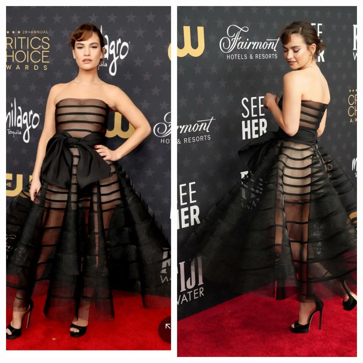 colourandimage's tweet photo. My favourite from last nights #criticschoiceawards is Lily James in @oscardelarenta. She  added that old Holywood glam in a black midi-length dress with a full skirt and black bow. Love her makeup, too. 
#stylingthenation #cork https://t.co/TO8D7WiriB
