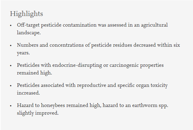A new peer-reviewed paper has found that whilst #pesticide drift mitigation measures (e.g., training, bans, no-spray zones) appear to reduce contamination of non-agricultural areas, hazards to humans and the environment remain. 

sciencedirect.com/science/articl…
