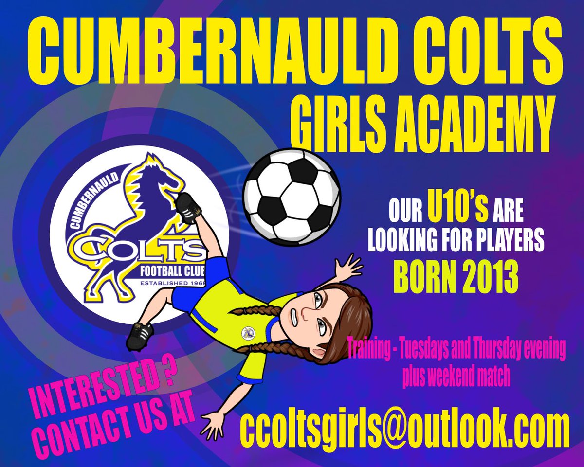 Cumbernauld Colts Girls Academy (@ccoltsgirls) on Twitter photo Our U10βs are looking for players born 2013 to come join a great group of girls. Training is Tuesday and Thursday evenings contact us ccoltsgirls@outlook.com for more information Our U10βs are looking for players born 2013 to come join a great group of girls. Training is Tuesday and Thursday evenings contact us ccoltsgirls@outlook.com for more information