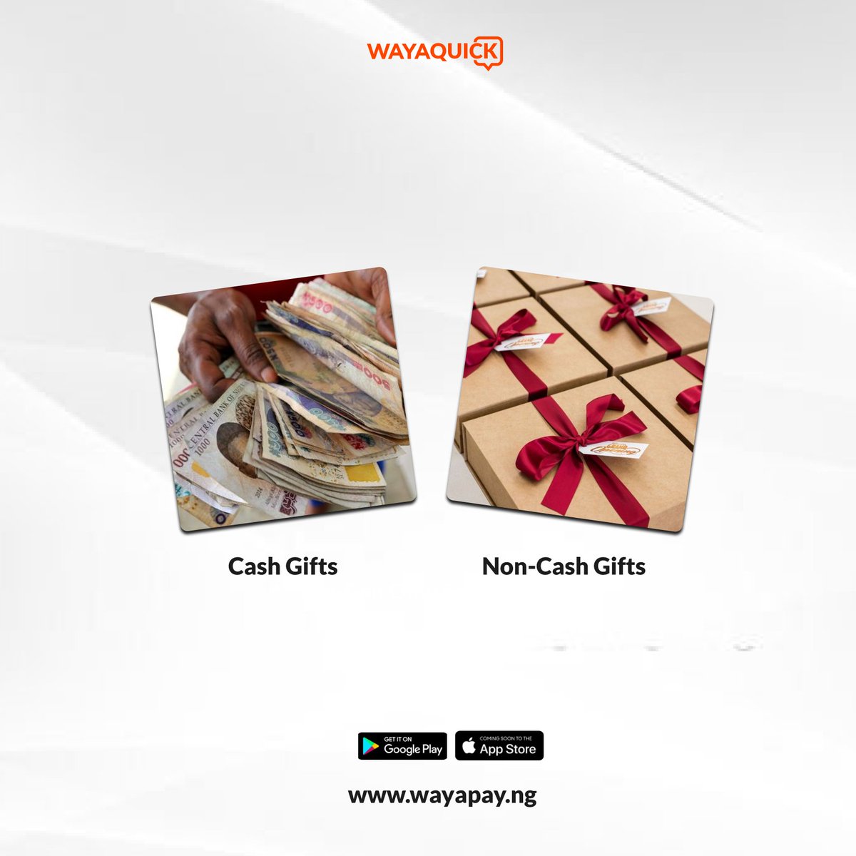 Wayaquick's tweet photo. What type of presents make you happy? Cash gifts or Non-cash gifts? Let's know in the comment session👇🏽 You can use Wayaquick to accept payment online. It is very fast and easy to setup. Link in bio
#PaymentLink #Wayaquick #FinTech #Gifts #suprises https://t.co/GZ9PBGltu7