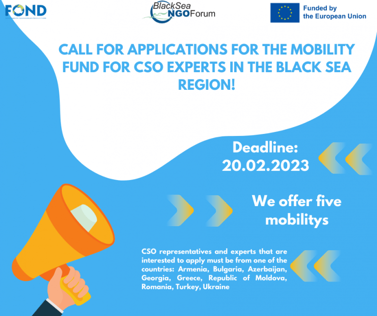 We are relaunching our Call for Applications for the Mobility Fund for CSO Experts in the Black Sea Region!

Open for applications: 16th of January - 20th of February.

Find more details and how to apply here: bit.ly/3iKgYF5