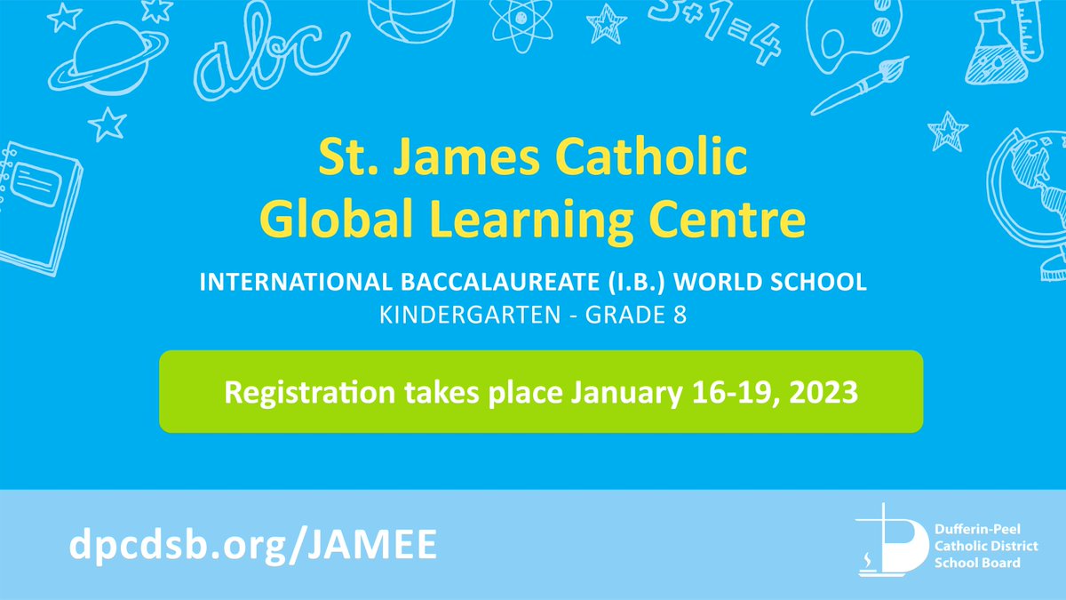 Kindergarten - Grade 8 registration for St. James Catholic Global Learning Centre for the 2023-24 school year is NOW OPEN. 

➡How to register: dpcdsb.org/JAMEE/parents/… 

➡Registration forms must be received by 3 p.m. on Thursday, January 19, 2023.