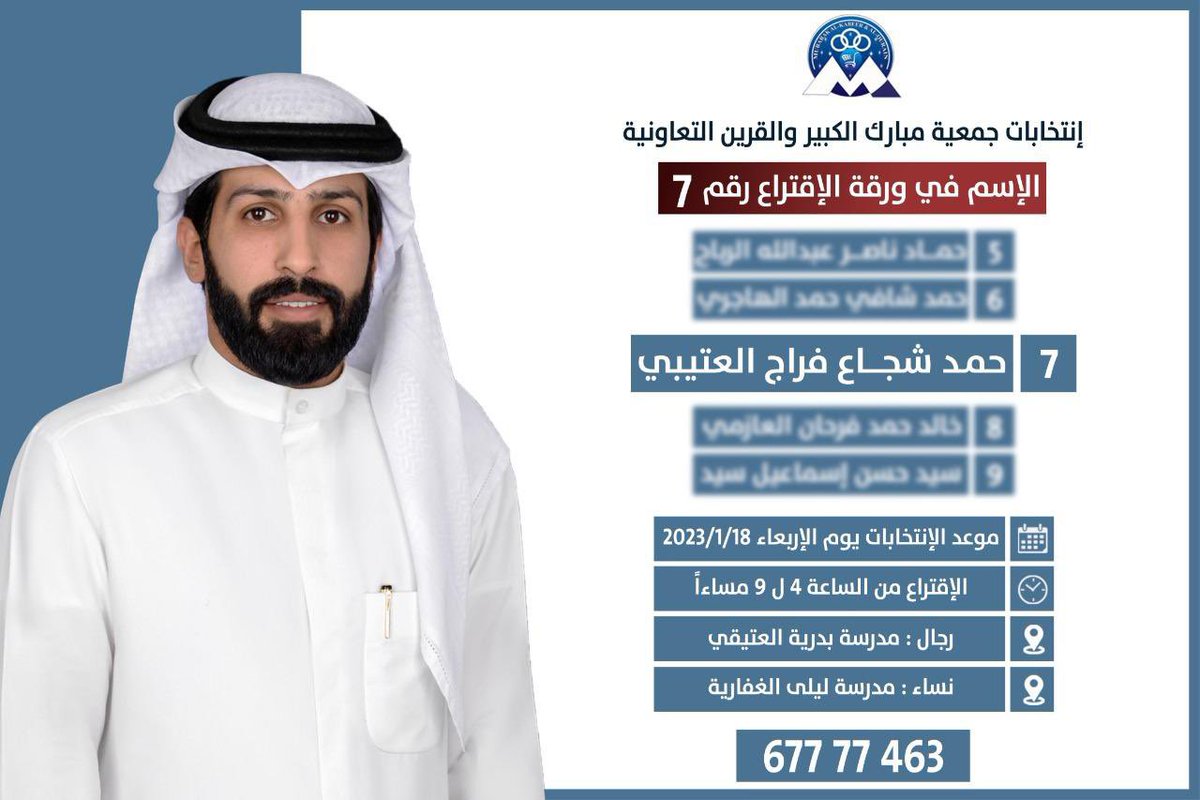 يخوض اخي حمد شجاع فراج العتيبي 
إنتخابات جمعية مبارك الكبير والقرين
يوم الاربعاء ما نستغني عن دعمكم ووقفتكم
نسأل الله التوفيق والسداد