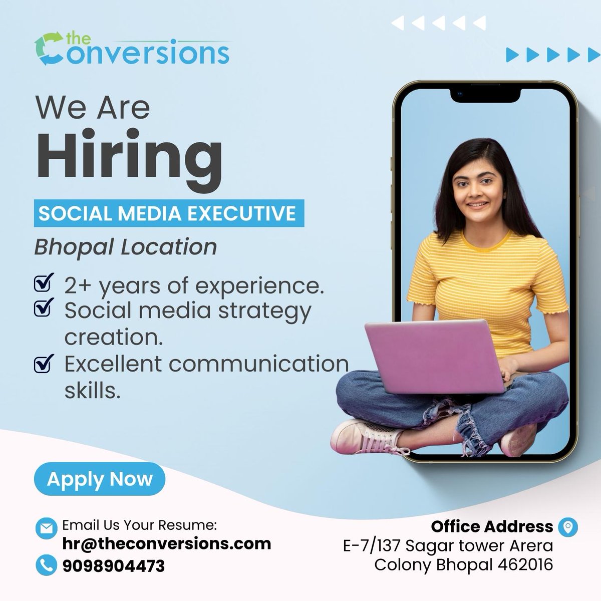 Calling for Social Media Executives
2+ years experience
#hiring #socialmediaexecutive #marketing #creativeideas #seo #webdevelopment #seoranking #branding #theconversions #digitalmarketing #socialmediamarketing #digitalmarketingagency #wearestorytellers #bhopal