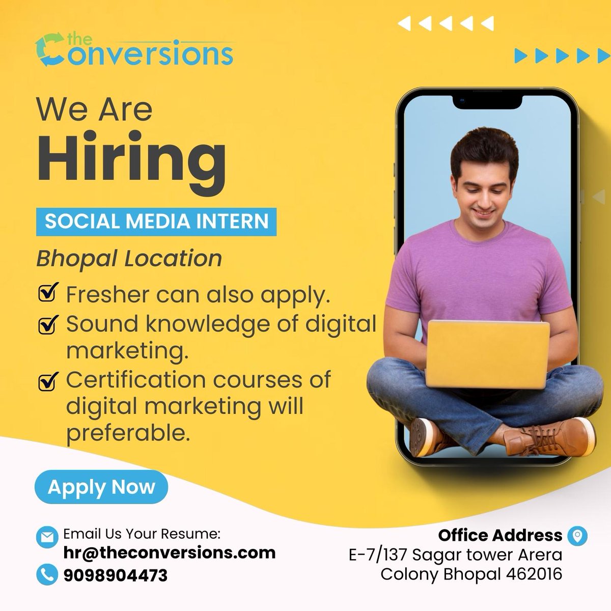 Calling for Social Media Interns
Freshers can apply
#hiring #socialmediaintern #marketing #creativeideas #seo #searchengineoptimization #webdevelopment #seoranking #branding #theconversions #digitalmarketing #socialmediamarketing #digitalmarketingagency #wearestorytellers #bhopal