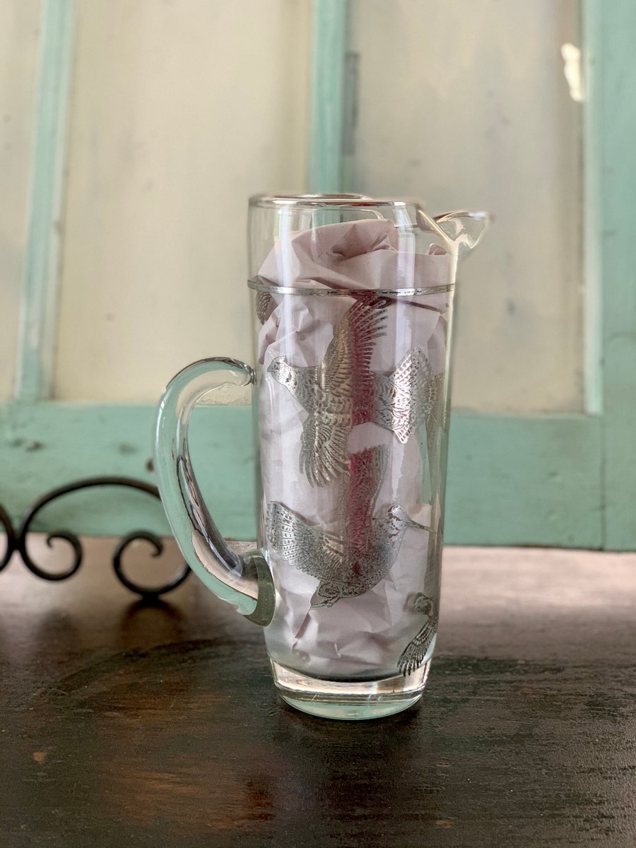 VSeagrape's tweet photo. 🐕 Big deals! Pitcher, Vintage Glass Cocktail Pitcher with Silver Birds of Prey Pattern, Vintage Bar, Midcentury Bar Display, Vintage Serving Pitcher only at $72.00 on https://t.co/jrYqdhosGf Hurry. #VintageBar #VintageServing https://t.co/ajY2F8LcXN