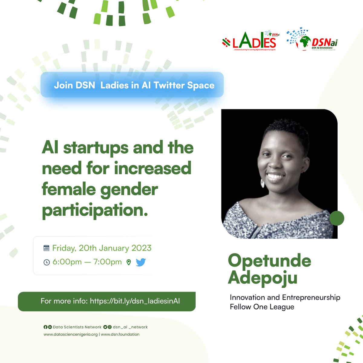 AI startups must strive for gender parity.

Equal participation leads to better outcomes.

Join @theopetunde as she shares on how equal participation can bring a better outcome for AI startups.

Date: Friday, 20th Jan. 2023

Time: 6:00pm (GMT+1)

Click>bit.ly/DSN_ladies_in_…