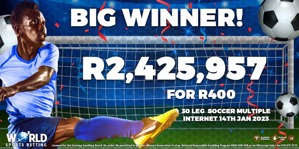 WorldSportsBet's tweet photo. ⚽BIG WINNER⚽
One lucky Soccer punter scored a screamer this weekend, winning R2,425,957 for just R400 🎉
Sign up at https://t.co/NhoGah6hCf and play #WSBDiski #WithTheBest https://t.co/2z9wRTIId9