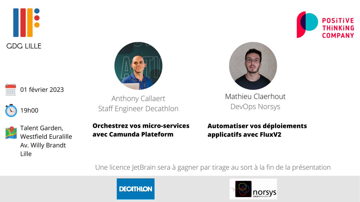 Les meetups reprennent ! Pour le premier de l'année une soirée a deux talk le 1er février co-organisé avec <a href="/PTC_Tech/">Positive Thinking Company</a>. 

✏️Inscription ici : meetup.com/fr-FR/gdg-lill…

Au plaisir de vous croiser