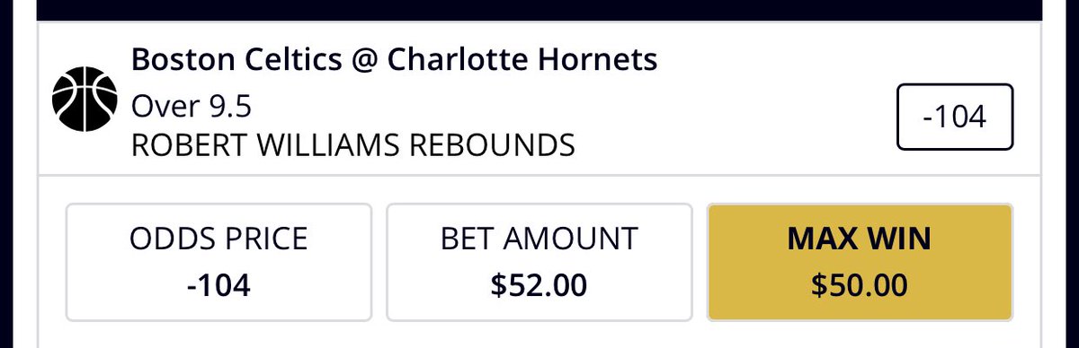 🏀 Rob Williams o9.5 reb (-104) on SB (MGM and BS fine too at -105)

They gave us the same line as the other night when he had 12 vs them. 

You know the drill. Hornets game? Centers.