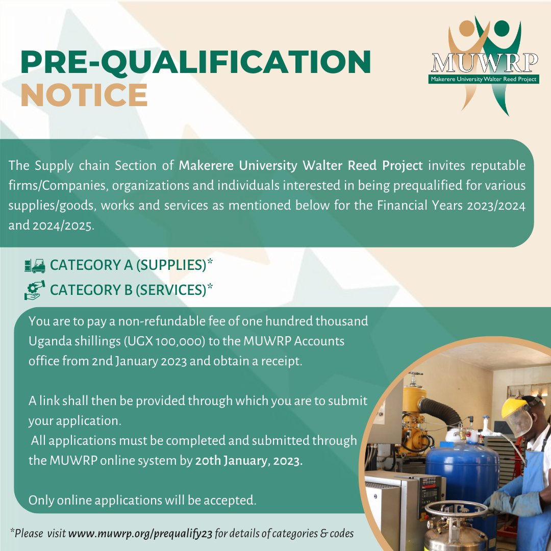 MUWRP_'s tweet photo. Last Week to apply!
#MUWRP Supply Chain invites reputable firms/Companies, organizations and individuals interested in being #prequalified for various supplies/goods, works and services for the Financial Years 2023/2024 and 2024/2025.
Visit https://t.co/tJ0UEDpZv8 for details. https://t.co/s780Ops8my
