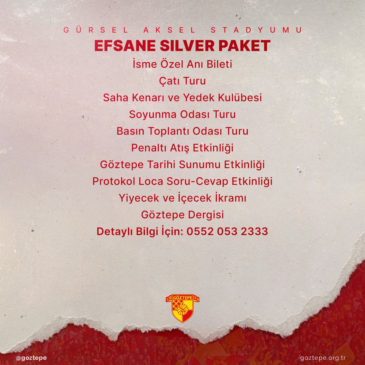 Gürsel Aksel Stadyumu, 21 Ocak Cumartesi günü yeni ziyaretçilerini bekliyor.💛❤

Efsane Tur, 21 Ocak Cumartesi günü saat 11.00’de düzenlenecek.

Detaylı bilgi için; 0552 053 2333

#Göztepe #EfsaneTur