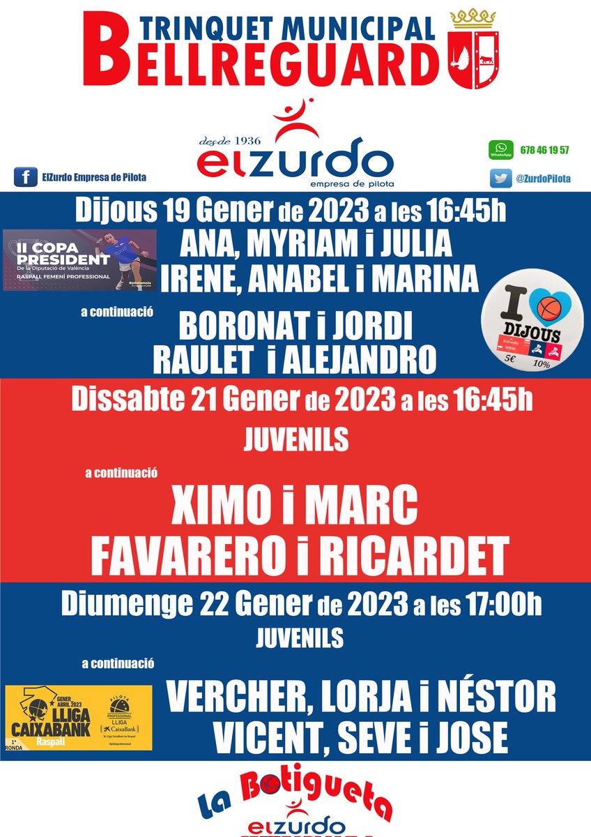 🗣PROGRAMACIÓ SETMANAL
al @ZURDOPILOTA de Bellreguard 
📍DIJOUS (Low Cost ⬇️💰)
Copa President Diputació Raspall Femení🔝👌🏻
Raspall Professional Masculí
📍DISSABTE
Gran vesprada 
Raspall Professional 🔝👌🏻
📍DIUMENGE
Raspall Juvenil
Lliga Caixabank Raspall Professional 🔝👌🏻