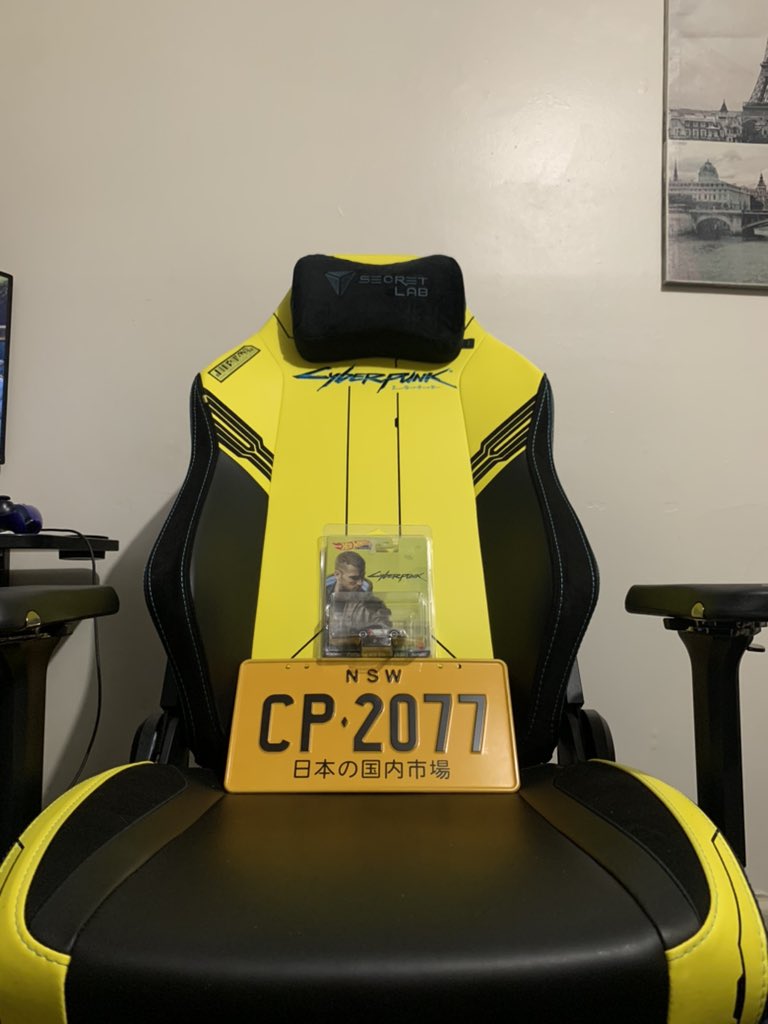 dj2001a's tweet photo. Just got my custom cyberpunk number plate today after waiting about a month and a bit so happy. On top of that got the chair and hot wheels to match❤️❤️@CyberpunkGame @CDPROJEKTRED https://t.co/ucDB0JoGHA