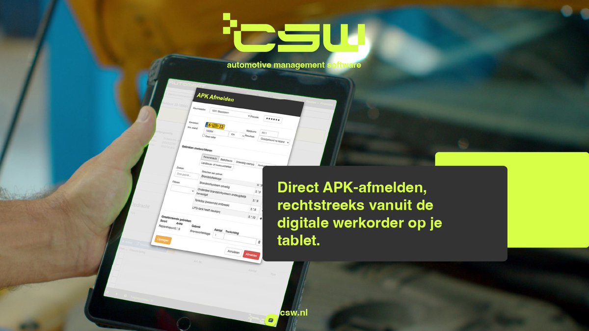 CSWSoftware's tweet image. Met de tablet kunnen monteurs eenvoudig de werkbon inzien en bewerken. Ook is het mogelijk om webshops te openen, artikelen te bestellen en zelfs direct APK af te melden. Kijk op csw.nl