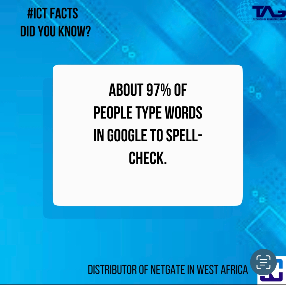 techadgh's tweet photo. Did you know about 97% of people type words in google to spell-check?
#techadgh #ghana #techghana #netgate #ictsolutions #ghanatech https://t.co/k03QQ5303B