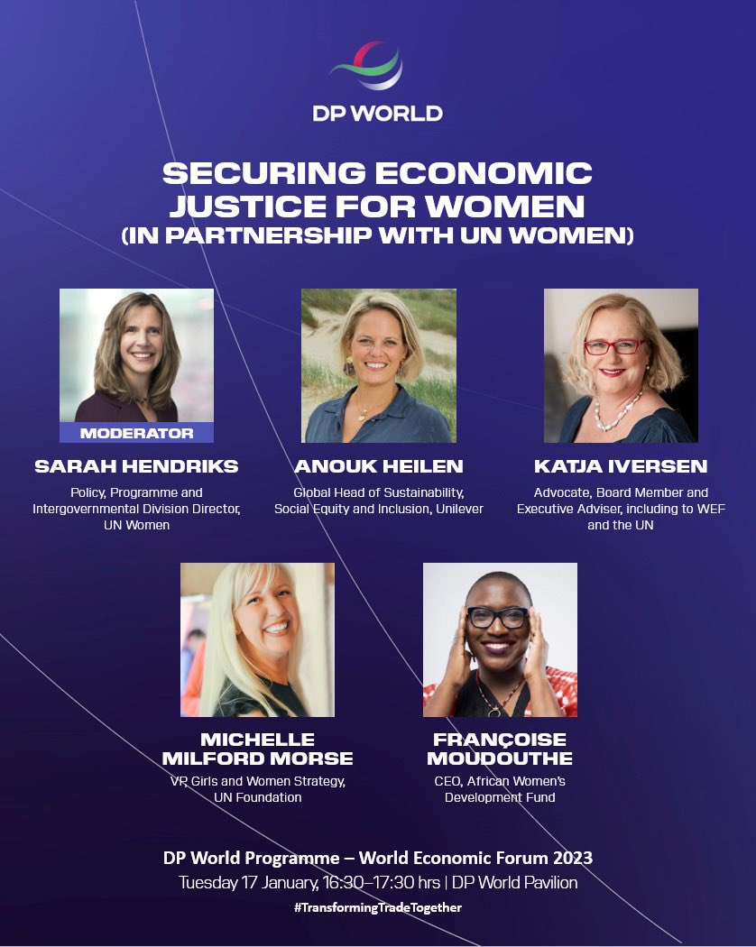 Looking forward to speaking in #Davos on women’s leadership + economic justice.

📅Tues 17 Jan
⏰10:30AM EST, 4:30PM CET
W/ <a href="/anita_bhatia1/">Anita Bhatia</a>, @UNWomen, <a href="/Unilever/">Unilever</a> and <a href="/unfoundation/">United Nations Foundation</a> <a href="/awdf01/">African Women's Development Fund</a> 

📺Tune in live: unwo.men/IIBC50MqNM9
#wef23 #TransformingTradeTogether #GenderAtDavos