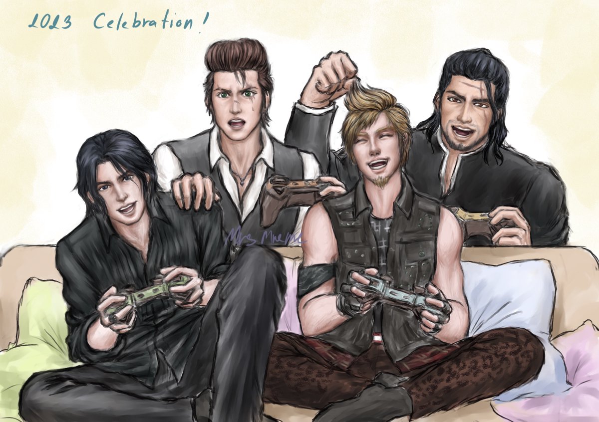 My first art of 2023 was supposed to be a #hny2023   new year celebration piece, but I could not finish it in time. 😅 I liked the concept, chocobros playing multiplayer game together, so I continued working anyway. May the new year bring you guys happiness. ❤️🎉🎇 #FFXV