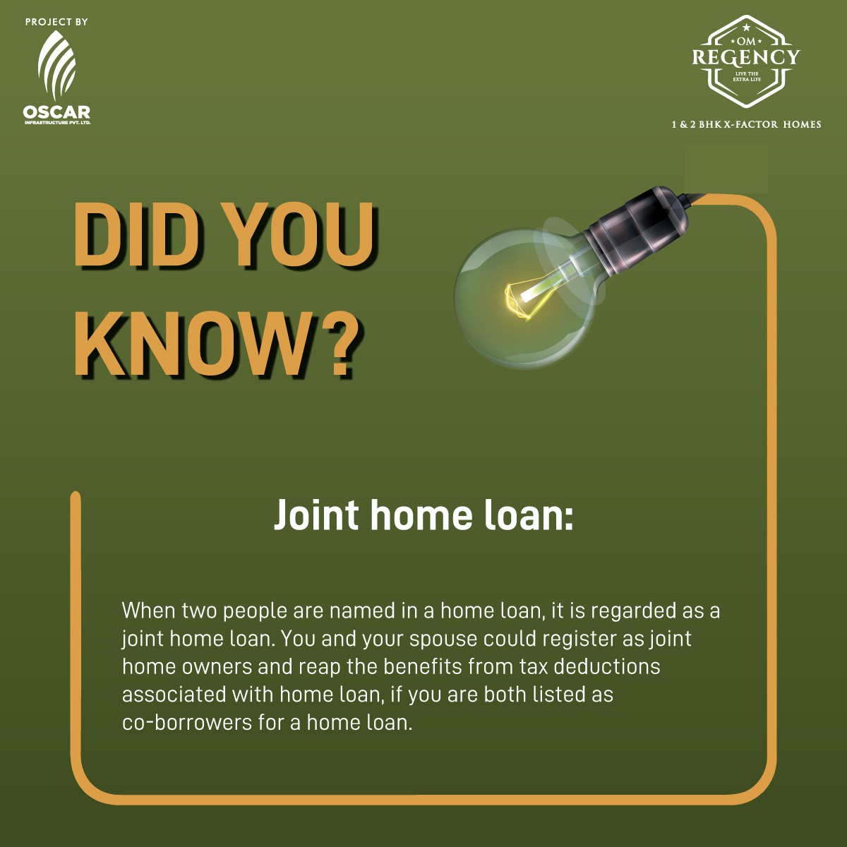 OmRegency's tweet image. Joint Home Loan

#OscarInfrastructure #OmRegency #Taloja #DidYouKnow #HomeLoan #Finance #RealEstate #property #NaviMumbai
