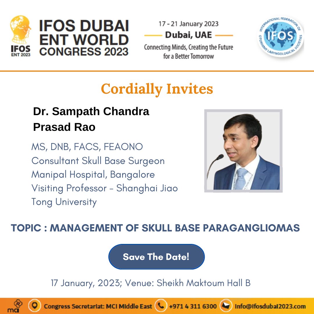 Next Stop - Dubai, UAE! 
Dr. Sampath Chandra Prasad Rao @sampathcp1 has been cordially invited as a Guest Speaker at IFOS Dubai ENT World Congress 2023! 
#guestlecture #drsampathchandraprasadrao #bhns_blr #skullbasesurgeon #skullbasesurgery #paragangliomas