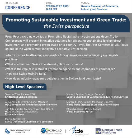REGISTER NOW! Conference ''Promoting Sustainable Investment and Green Trade: the Swiss Perspective'' on February 22, 2023 at 2 PM. Registrations are available here: ccig.ch/agenda/2023/02…