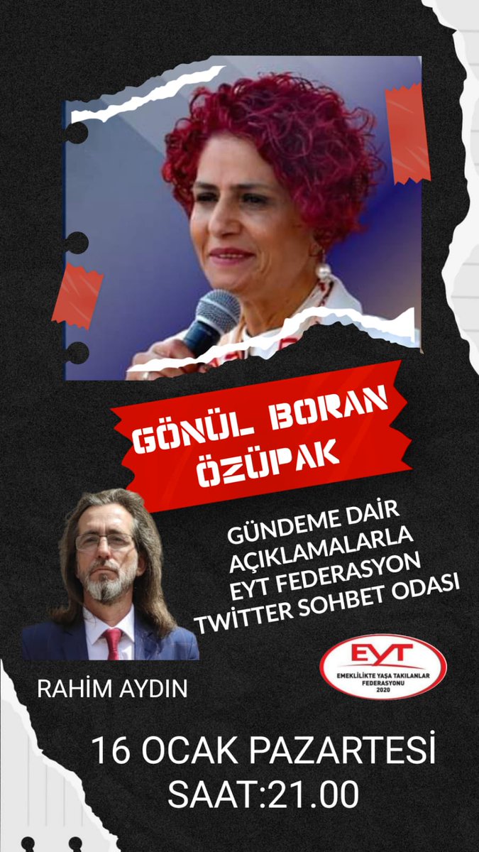 📢 DUYURU 📢
Tarih  : 16 Ocak 2022
Saat: 21.00

Federasyon Genel Başkanımız Sayın <a href="/gonulborann/">Gönül Boran Özüpak</a>. ÖZÜPAK, gündeme dair açıklamaları ile Twitter Sohbet Odamızın konuğu olacaktır. 

Katılımlarınızı bekleriz. 

Moderatör:<a href="/RahimAydn9/">Rahim Aydin</a>

#EYTertelenemez
#EmeklilikteYaşaTakılanlar
#EYT
