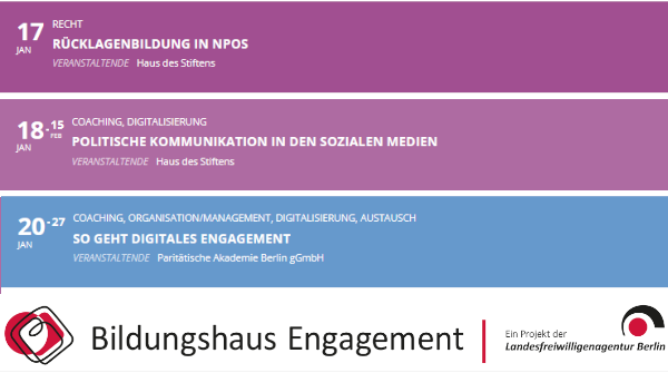 #OTD 17. + 18. + 20. Januar | Im #BILDUNGSATLAS notiert: Rücklagenbildung in NPOs &amp; Politische Kommunikation in Sozialen Medien &amp; Digitales Engagement ➔ bildungshaus-engagement.berlin/bildungsatlas/

#MenschenEntwickelnEngagement #BildungshausEngagement | KW 23/3