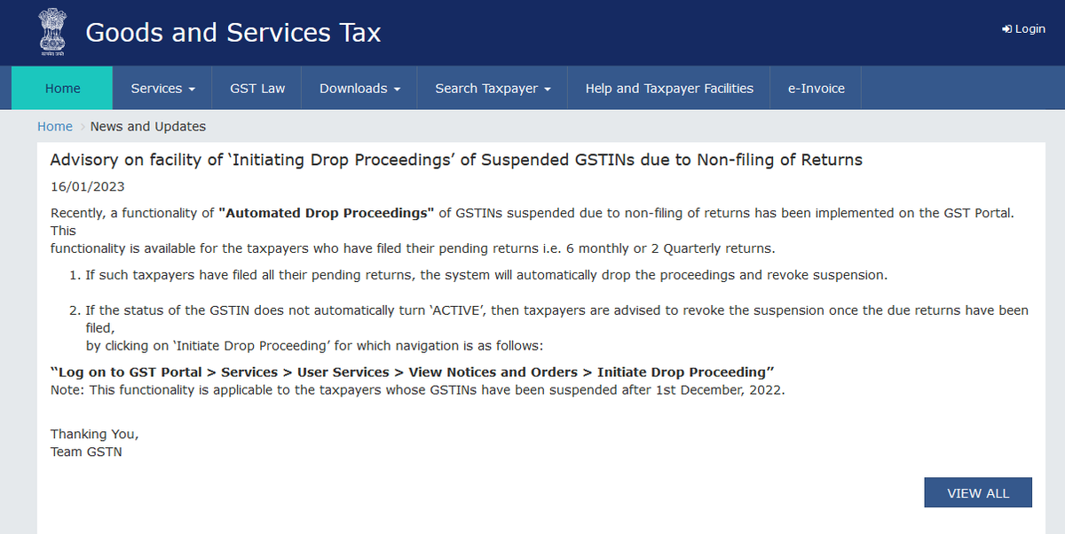 TaxationUpdates's tweet photo. Applicable to the taxpayers whose GSTINs have been suspended after 01/12/2022

System will automatically drop the proceedings and revoke suspension if pending returns were filed

If status does not automatically turn ‘ACTIVE’,then only click on ‘Initiate Drop Proceeding’ https://t.co/RxmaaekNvE