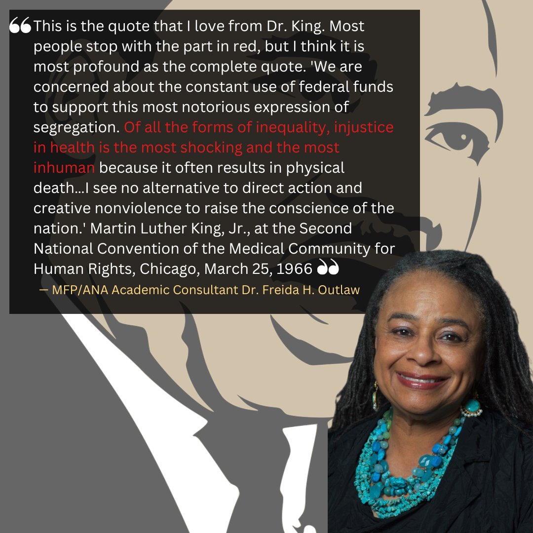 anamfp's tweet photo. Concluding today's series of MLK related posts with MFP Academic Consultant Dr. Freida H. Outlaw's favorite MLK quote! We invite everyone to share their favorite #MLK quote or your #MLKdayofservice with us by using the hashtag #MLKDAYMFPANA. https://t.co/9WcafcH49b