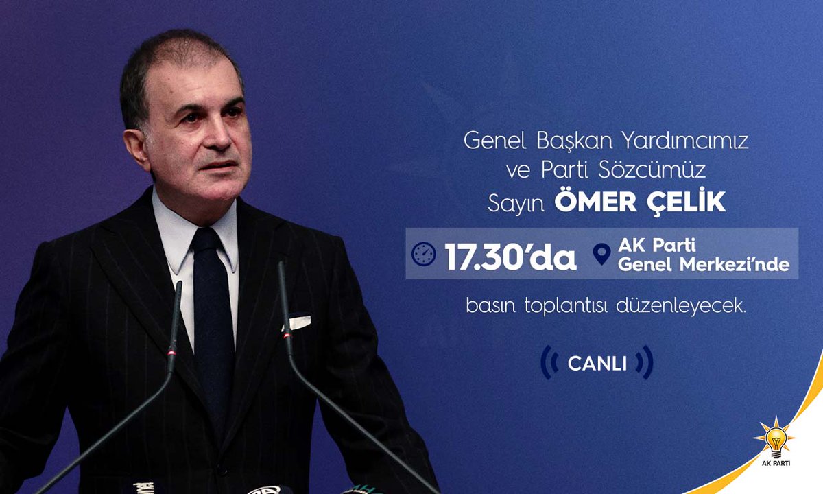 Genel Başkan Yardımcımız ve Parti Sözcümüz Sayın <a href="/omerrcelik/">Ömer Çelik</a> saat 17.30’da AK Parti Genel Merkezi’nde basın toplantısı düzenleyecek.
