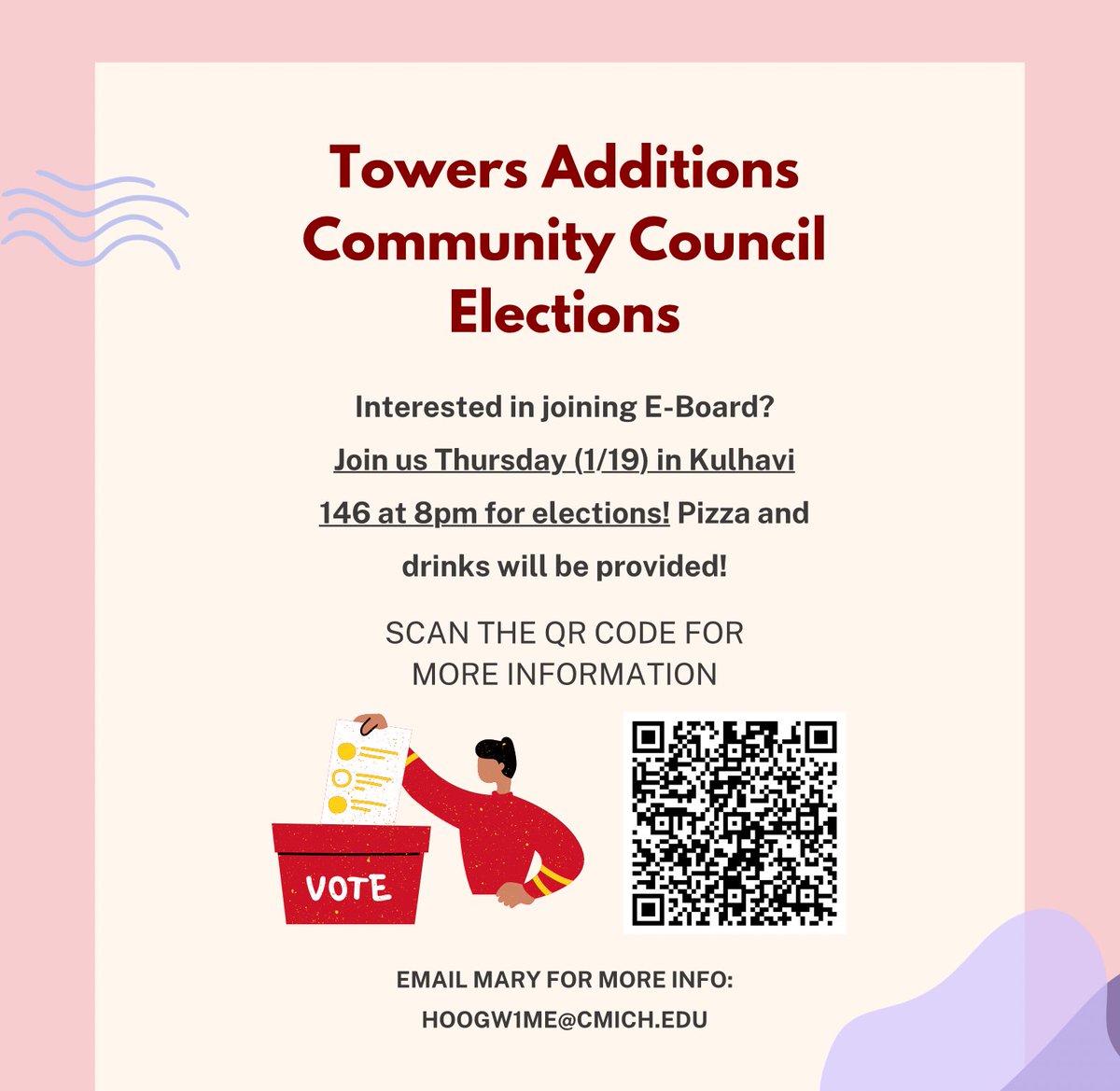 Welcome back students! Interested in joining council? This Thursday (1/19) in Kulhavi 146 at 8pm, Additions will be holding elections for our Executive Board for spring! Pizza and drinks will be provided! Please email Mary for more information of how to get involved!